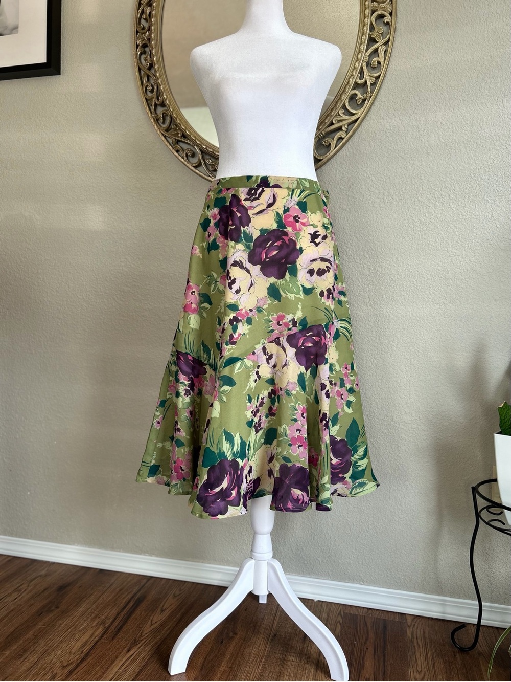 Coldwater Creek Olive Green Floral Circle Skirt with Purple Blooms